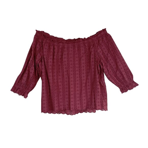 Lane Bryant Womens Plus Sz 22/24 Burgundy Eyelet Off-Shoulder Blouse 100% Cotton - Picture 7 of 11